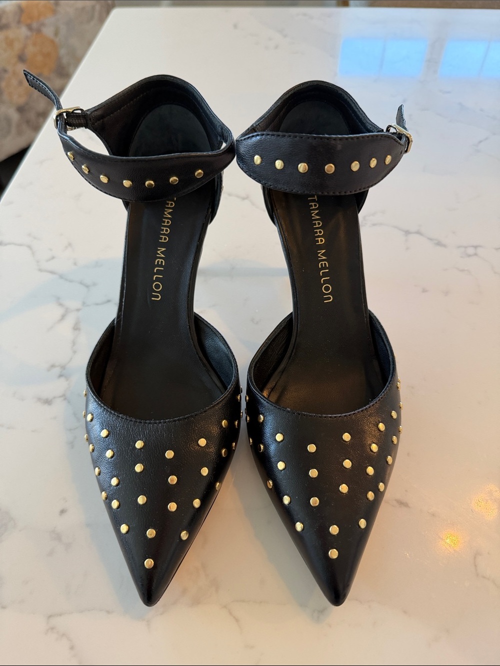 Tamara Mellon Black Leather Studded Pointed Toe Ankle-Strap Heels